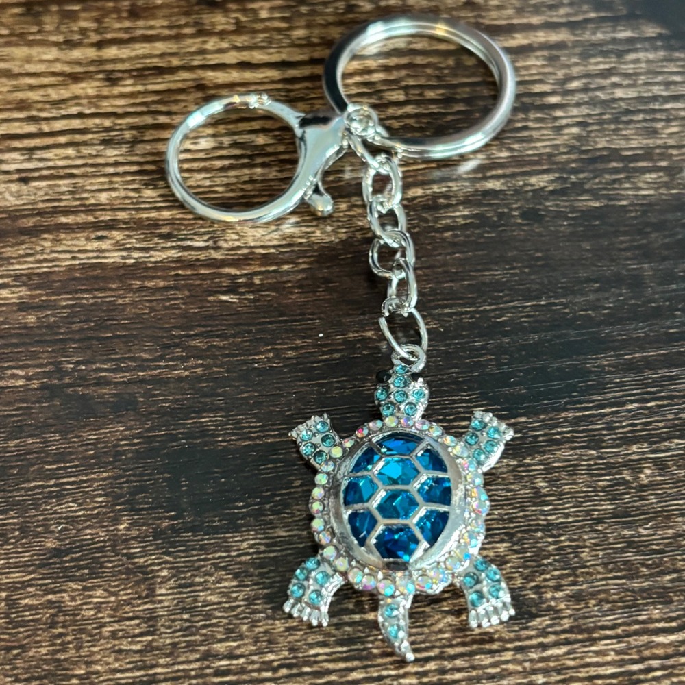 Blue Rhinestone Sea Turtle Keychain Silver Tone Bag Charm Crystal Accessory